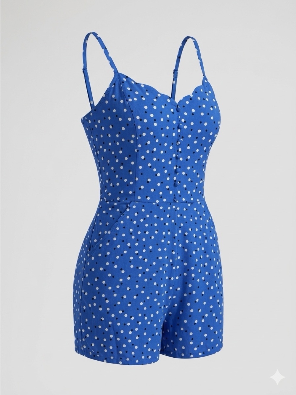 Market & Spruce Women’s Large scalloped neckline light blue polka dot romper - Picture 1 of 9